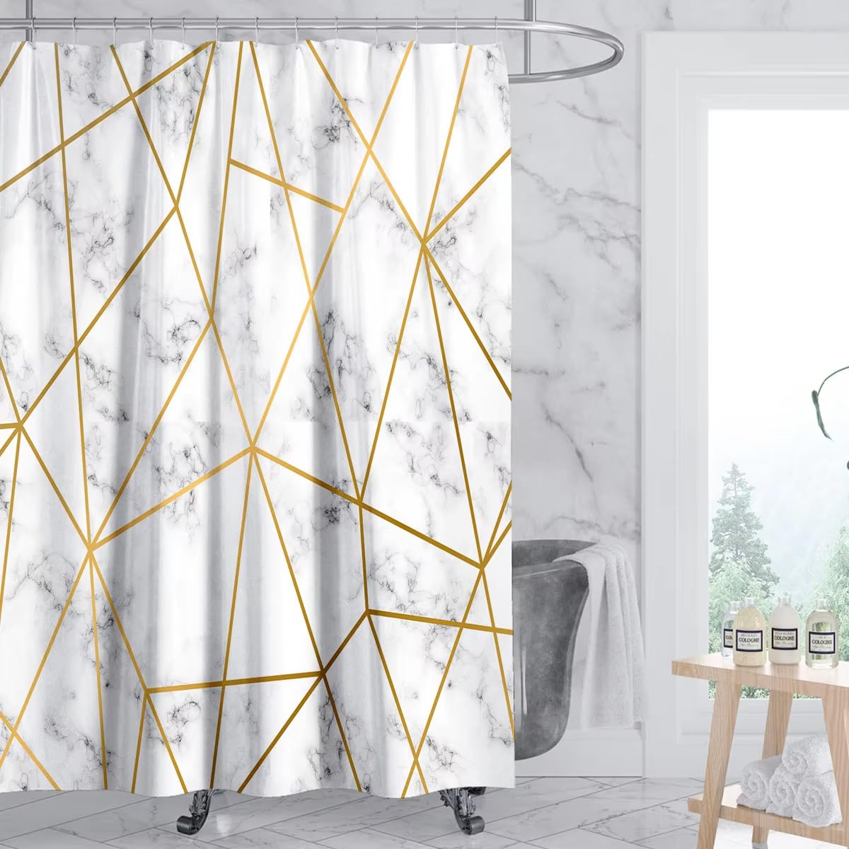 KELAIMI Marble Geometric Shower Curtain,Modern Abstract Geometric Bathroom Curtains,Aesthetic Industrial Quick-Dry Bathtub Curtains with Hooks Style 1 180X180Cm