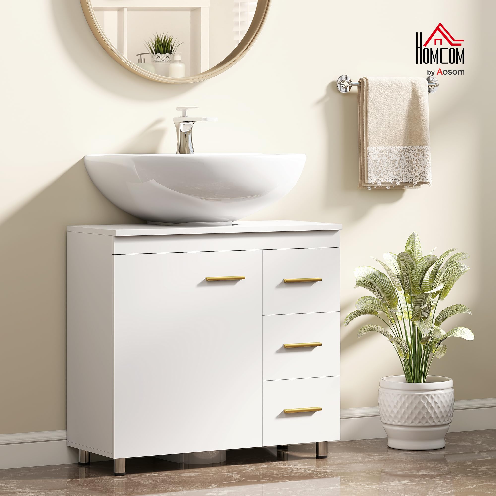 HOMCOM Mobile Sottolavabo per Bagno con 3 Cassetti, Armadietto a 3 Ripiani e Soft Close, Mobiletto Sottolavabo Salvaspazio con Intaglio a U, per Lavabi con e Senza Piedistallo, 70x30x65cm, Bianco