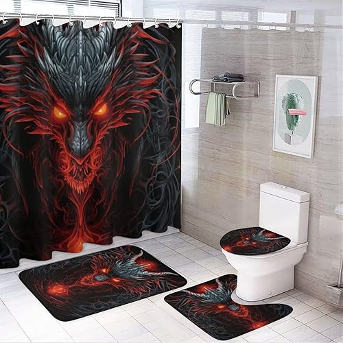 Miniatura 9 de Juego de 4 cortinas de ducha de dragón rojo fuego, juego de decoración de baño con moquetas, juego de cortina de baño con 12 ganchos Dragón Rojo