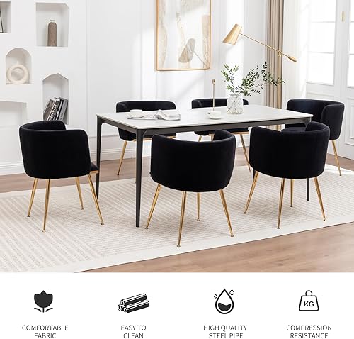 Miniatura 6 de Juego de 6 sillas de comedor de terciopelo, sillas de comedor de barril con patas de metal dorado, moderna silla de comedor tapizada para comedor,