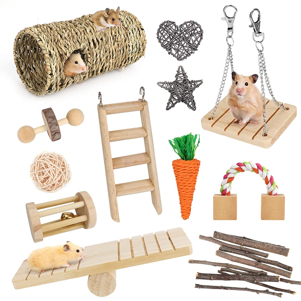 Globalstore Hamster Chew Toys, 12 Pack Gerbil Bunny Chinchilla Hamster Chew Toys for Teeth, Natural Wooden Guinea Pig Toys Accessories with Hamster Swing, Climbing Ladder, Seesaw, Rattan Tunnel
