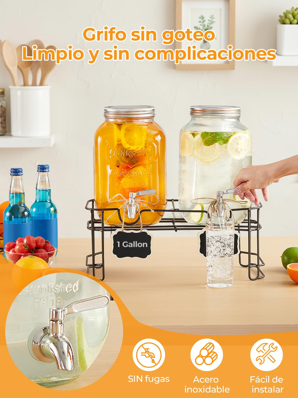 Dispensador de bebidas de vidrio con grifo, paquete de 2 dispensadores de bebidas de vidrio con soporte, espiga de acero inoxidable a prueba de fugas, cilindro de hielo, para Navidad, barbacoa, picnic