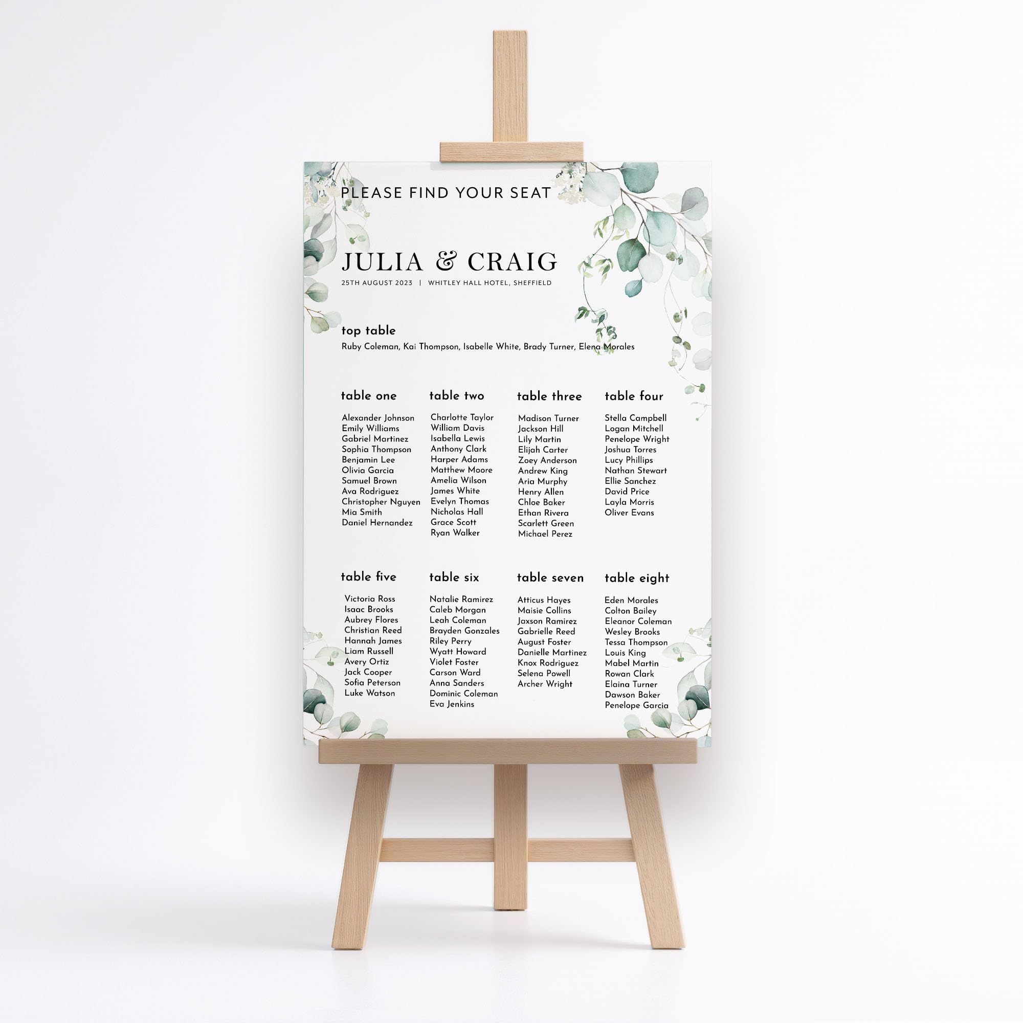 Eucalyptus Wedding Seating Plan Sign – Minimalist Botanical Seating Chart – Modern Sage Green Floral Reception Table Plan, A3, A2, A1, Premium Foamboard