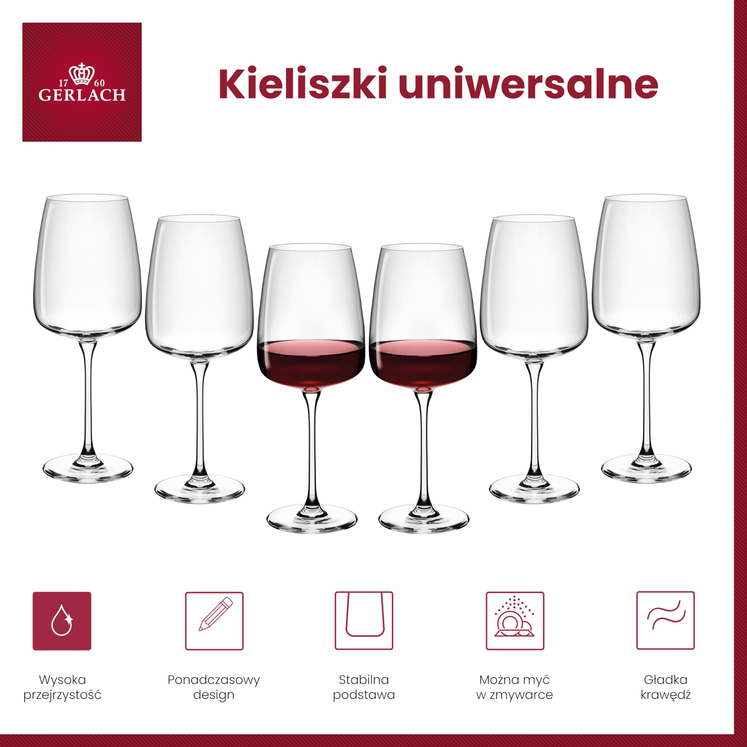 Gerlach 1760 Zestaw 6 Kieliszków do Wina Wody Soków Valor Uniwersalne Przezroczyste 750 ml do Mycia w Zmywarce