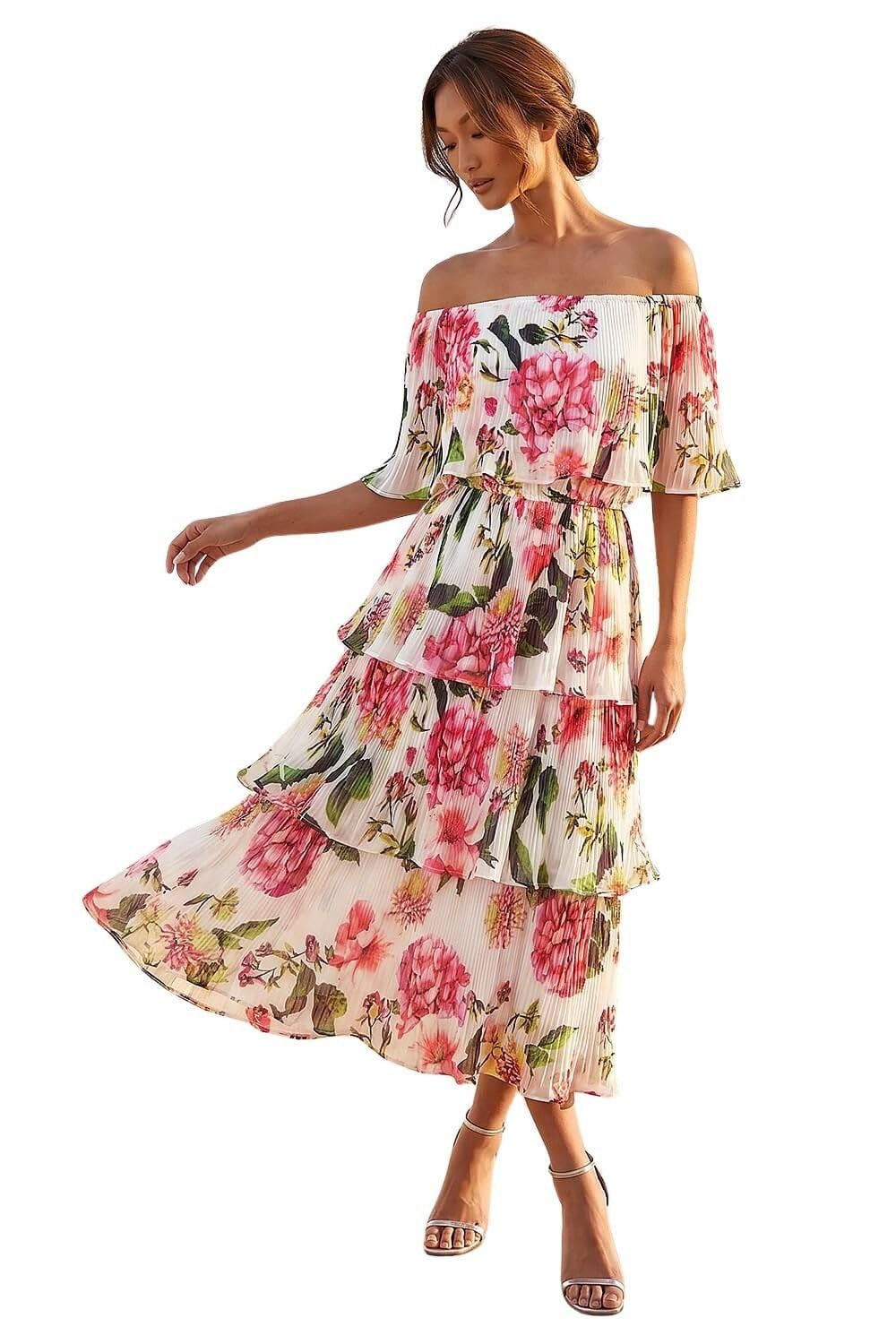 Roman Bardot Floral Tiered Dress - Ivory