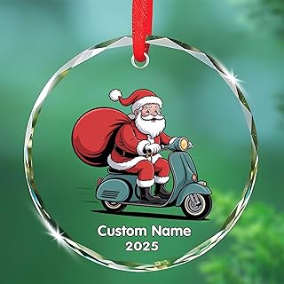 Santa Riding A Scooter Retro Style Christmas Glass Ornament – Personalized Holiday Crystal Hanging Decor – Santa with Pets, Animals, Vehicles – Unique Christmas Tree Decoration aqIDQn