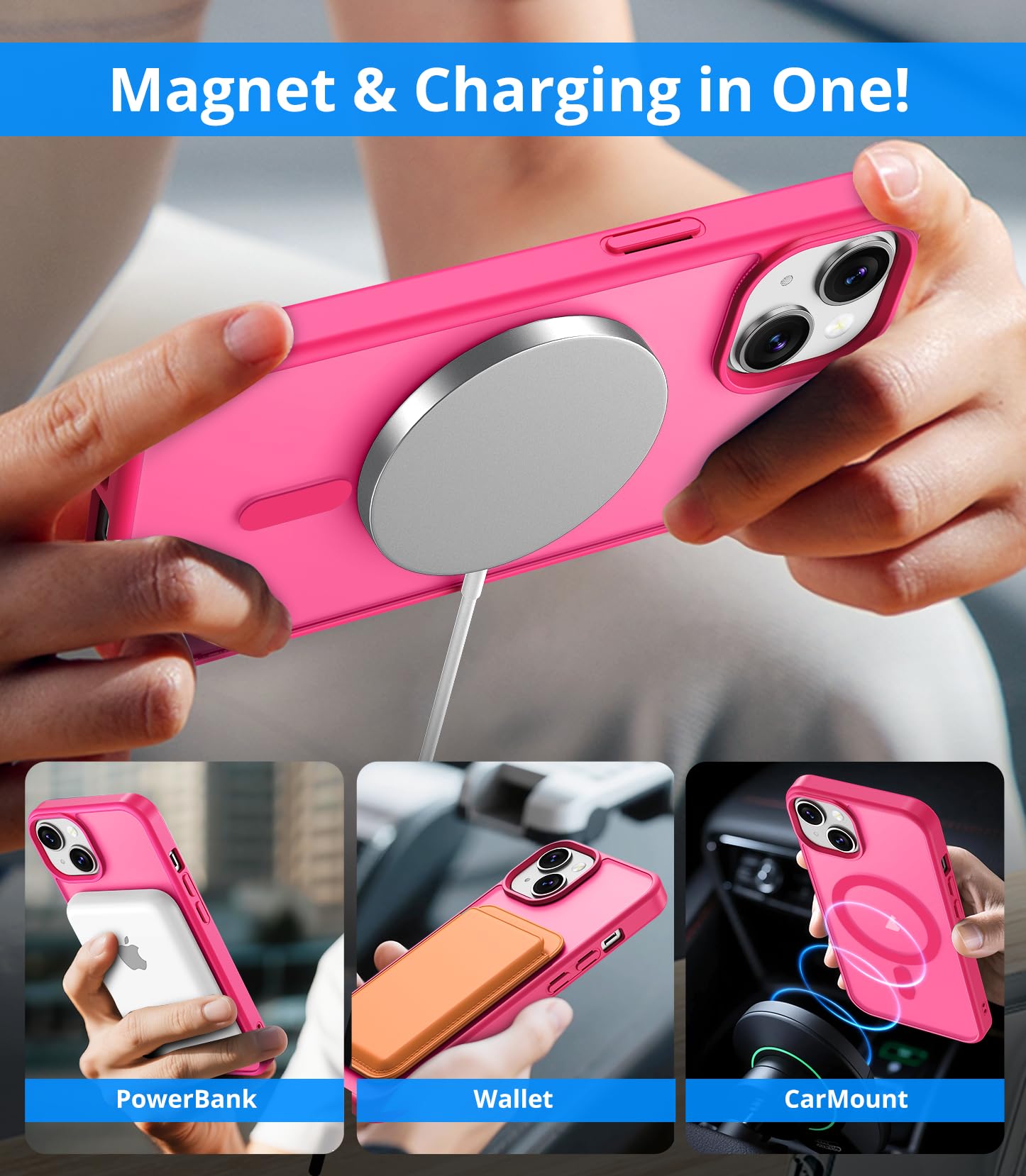 Vansdon Cover Magnetica per iPhone 15 con 1 Pezzi Vetro Temperato, Compatibile con Magsafe, Protezione anticaduta di livello militare, Custodia Traslucida Opaca Sottile Antiurto-Rosa shocking