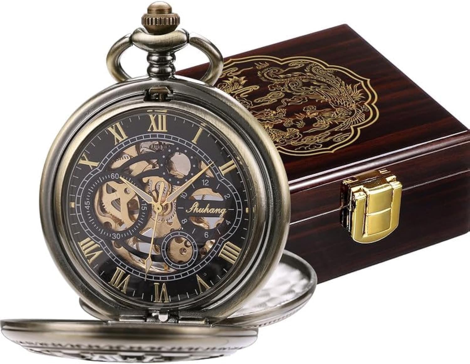 SIBOSUN Pocket Watch Skeleton Mechanical Double Case Hand-Wind Roman Numerals Antique Chain Mens