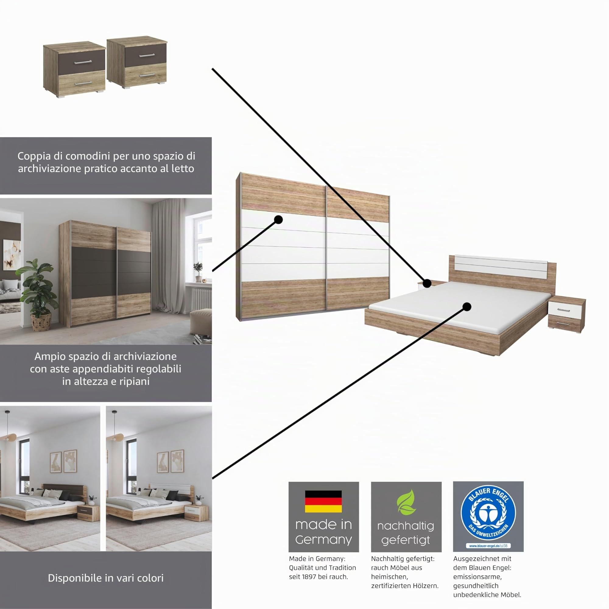 Rauch Möbel Barcelona - Camera da letto in rovere Sanremo chiaro/grigio lava, composto da letto con superficie di appoggio 160 x 200 cm, con 2 comodini e armadietto con ante sospese, 226 x 210 x 62 cm
