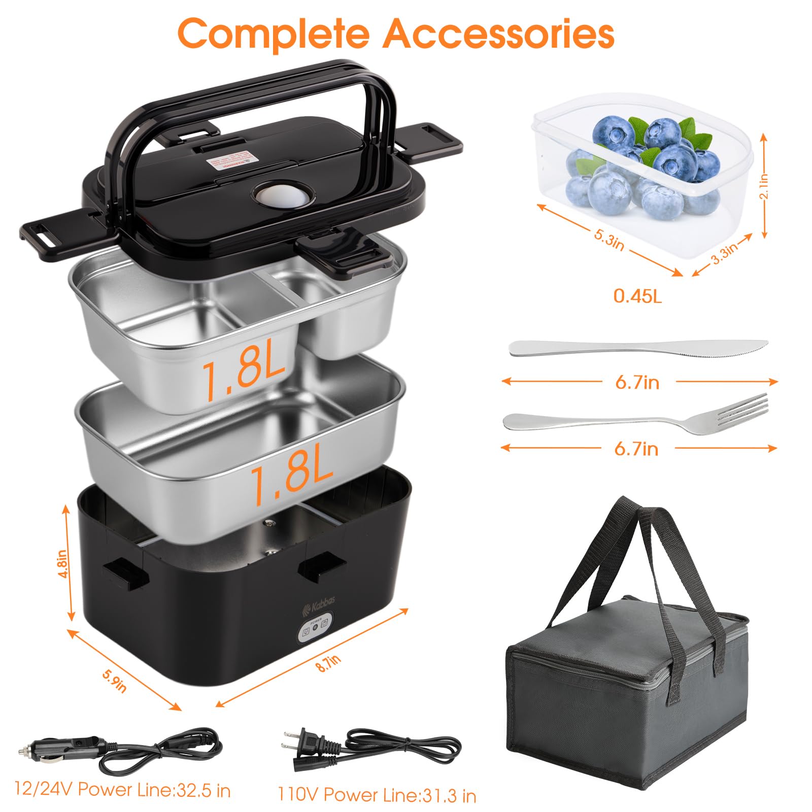 Lonchera eléctrica portátil de 1.8 L para adultos, lonchera térmica de 100 W para hombres con doble contenedor extraíble, calentador de alimentos de calentamiento rápido, 12 V/24 V/110 V para 6