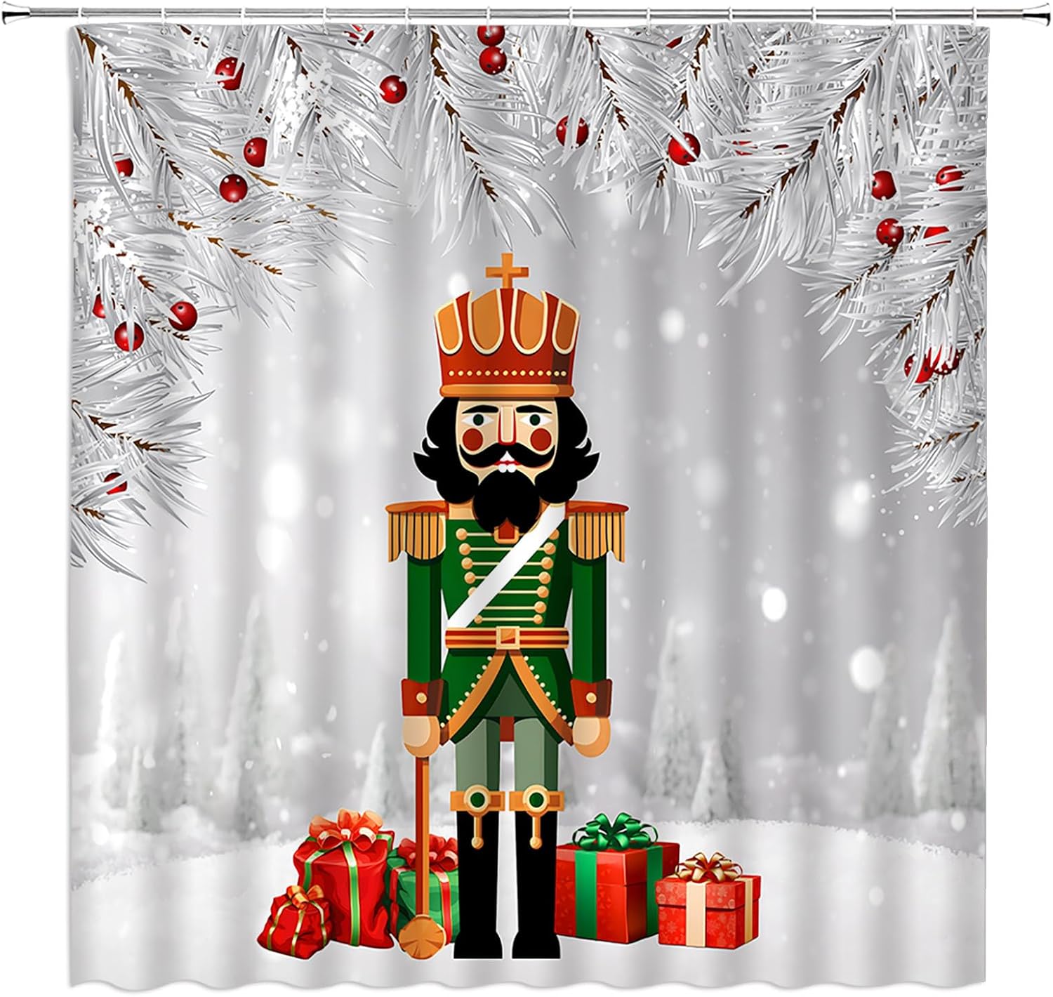 ZRUWUA Christmas Nutcracker Shower Curtain Xmas Silver Pine