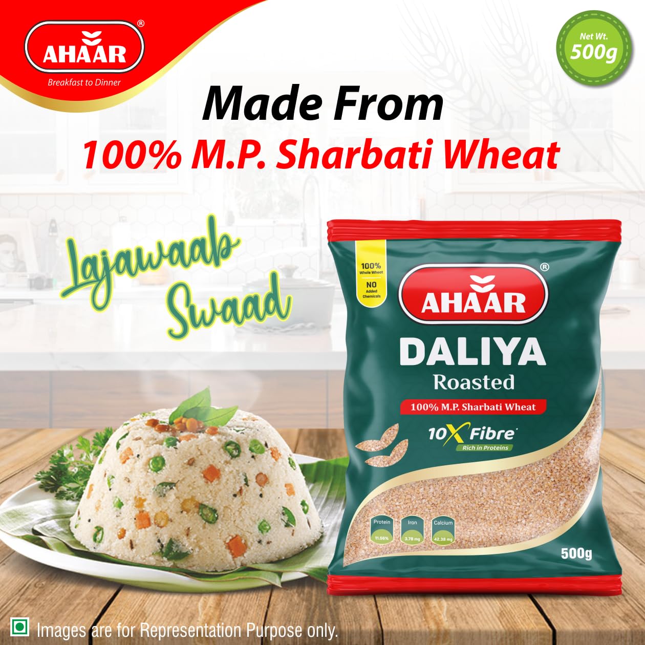 Ahaar Roasted Daliya 1Kg | 100% MP Sharbati Wheat Dalia (500g X 2 Pack) - Image 4 thumbnail