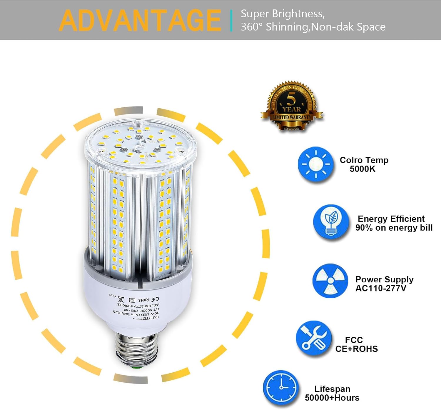 3-Pack is More economical, LED Corn Light Bulb 5000 Lumen 5000K 30W Large Area Cool Daylight White E26 Medium Base for Outdoor Indoor Garage Warehouse Factory Workshop Street Backyard