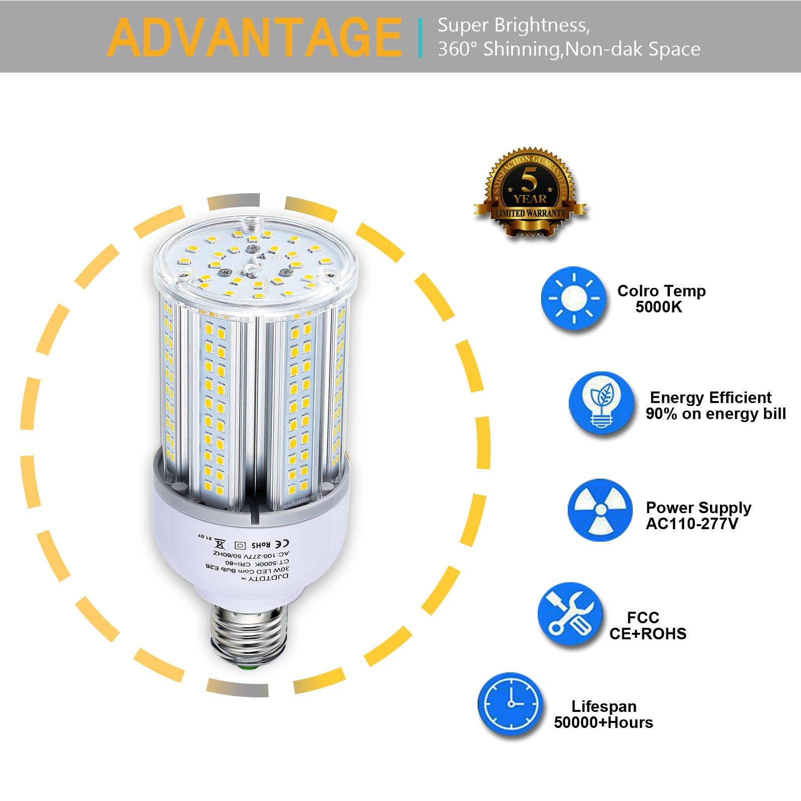 3er-Pack ist sparsamer, LED-Mais-Glühbirne, 5000 Lumen, 5000 K, 30 W, große Fläche, kühles Tageslichtweiß, E26, mittlere Basis für den Innen- und Außenbereich, Garage, Lager, Fabrik