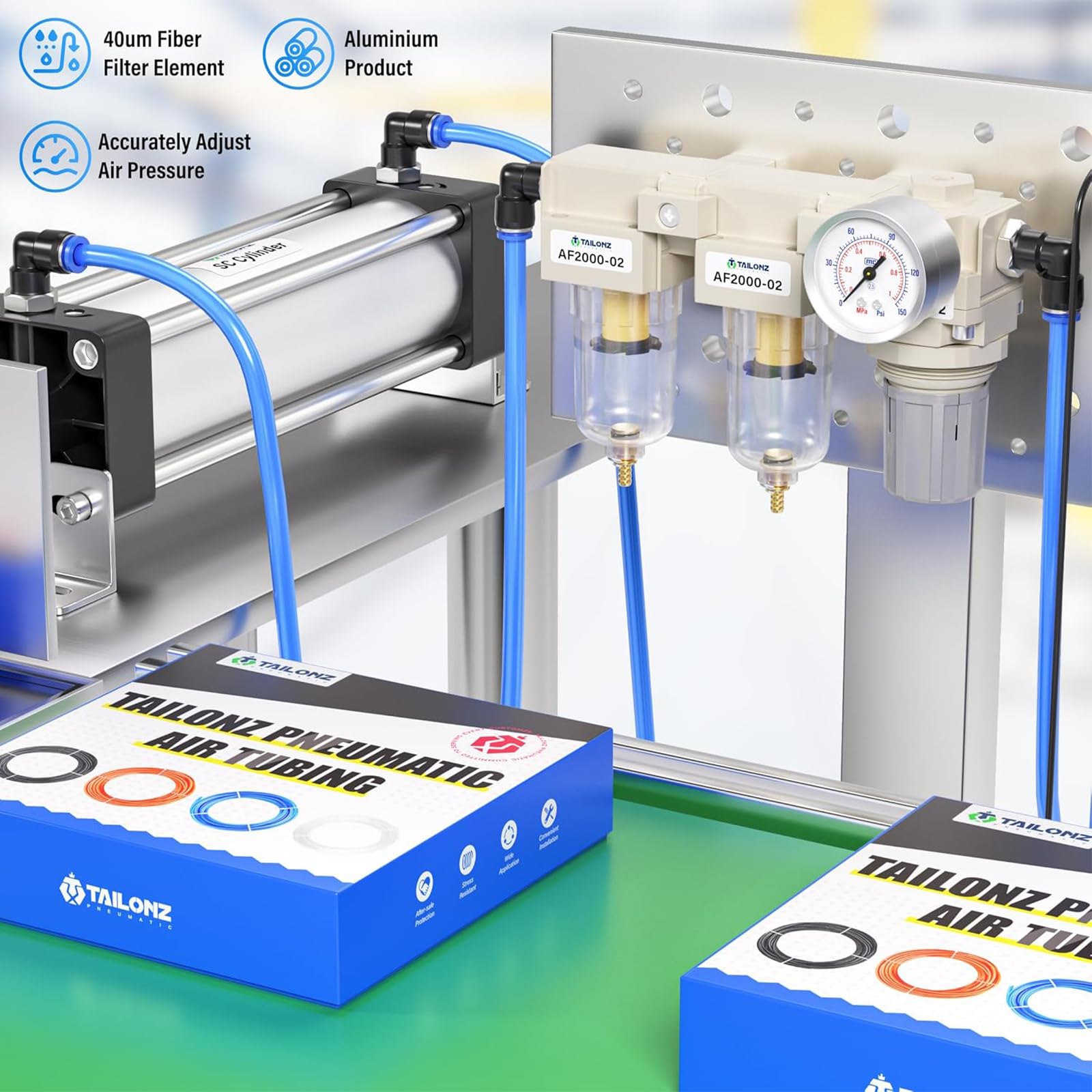 TAILONZ PNEUMATIC 1/4 di pollice BSP 3 in 1 filtro dell'aria regolatore di pressione Combo Piggyback, filtro compressore per utensili ad aria con manometro AF2000+AF2000+AR2000