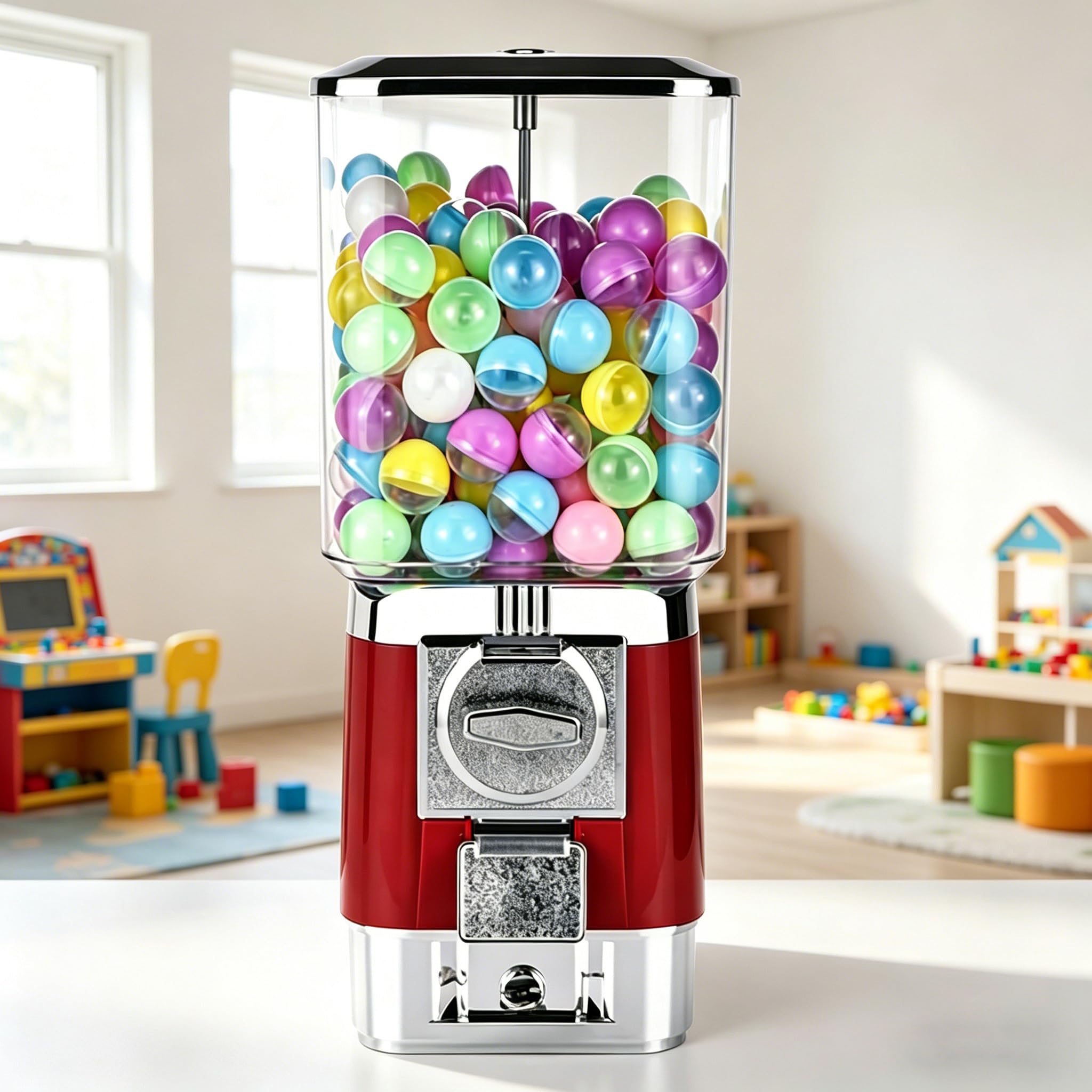 Sushangmao Candy Vending Machines,Coin Operated Bubble Gum Machine,With 100 Capsules And 50 Tokens, Coin Operated Gumball Bank For Toy Capsules Bouncy Balls Candy,For Game Stores Red