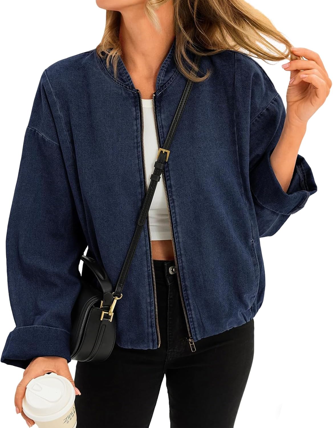 Tankaneo Womens Denim Bomber Jacket Lightweight Zip Up Short Jean Jacket Fall Casual Shacket Outerwear