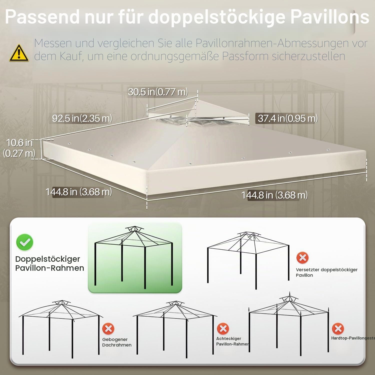 Flexzion Ersatz-Pavillon-Überdachung für Pavillon, 2,5 x 2,5 m, wasserdichte Abdeckung – Doppelstöckige UV30-Abdeckung für Vordächer, Garten, Terrasse, Hof, Zelt (Elfenbein)