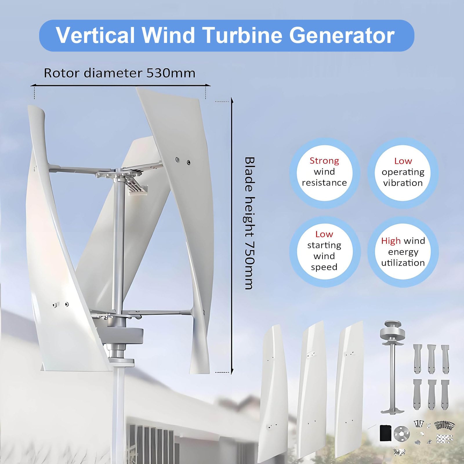 Generatore Eolico ad ASSE Verticale da 300 W - Kit di energia eolica per Esterni a 3 Pale da 12 V/24 V con Controller per soluzioni di energia rinnovabile e Alimentazione Fuori Rete 24V~300W