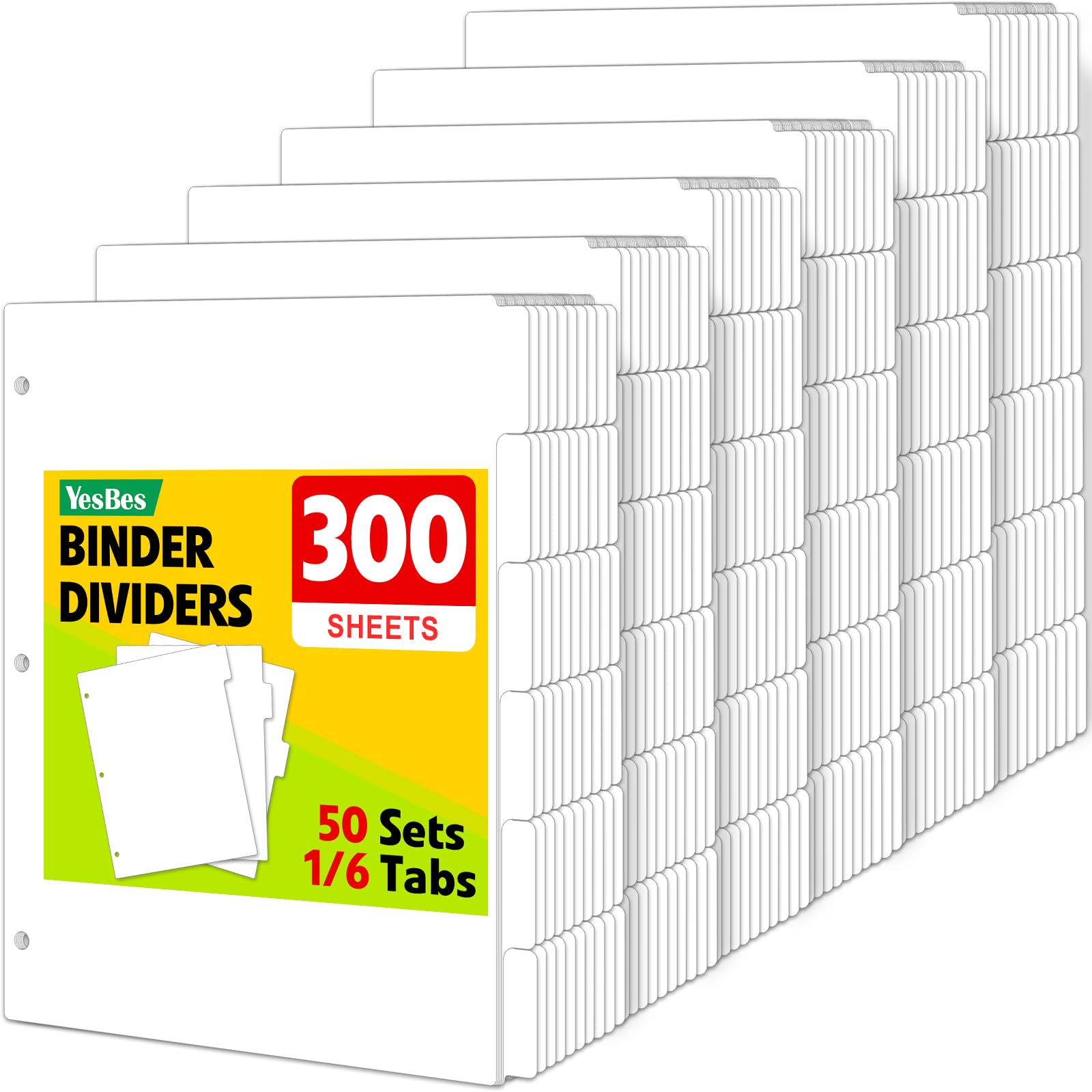 300 divisori per raccoglitori con linguette, linguette tagliate da 1/6, divisori per raccoglitori a 3 anelli, divisori vuoti per scrivere su raccoglitori in 6 set di schede, formato lettera, 300