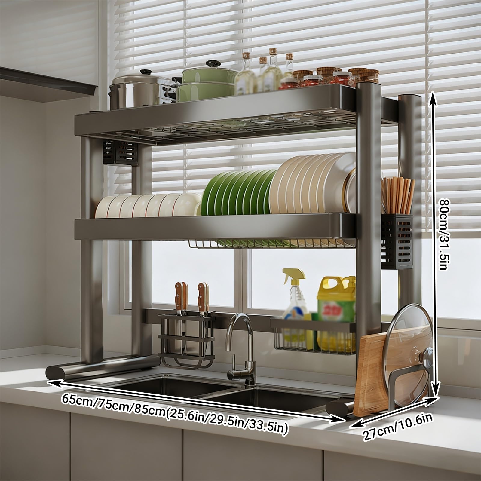 Escurridor de platos para colgar sobre el fregadero, escurridor de platos de doble nivel, organizador de encimera de cocina para platos, vasos, cuencos y cubiertos, ahorra espacio