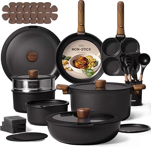 Vista 15 de CAROTE Juego de 17 piezas de ollas y sartenes antiadherentes con mango desmontable, juego de utensilios de cocina antiadherentes, juego de cocina