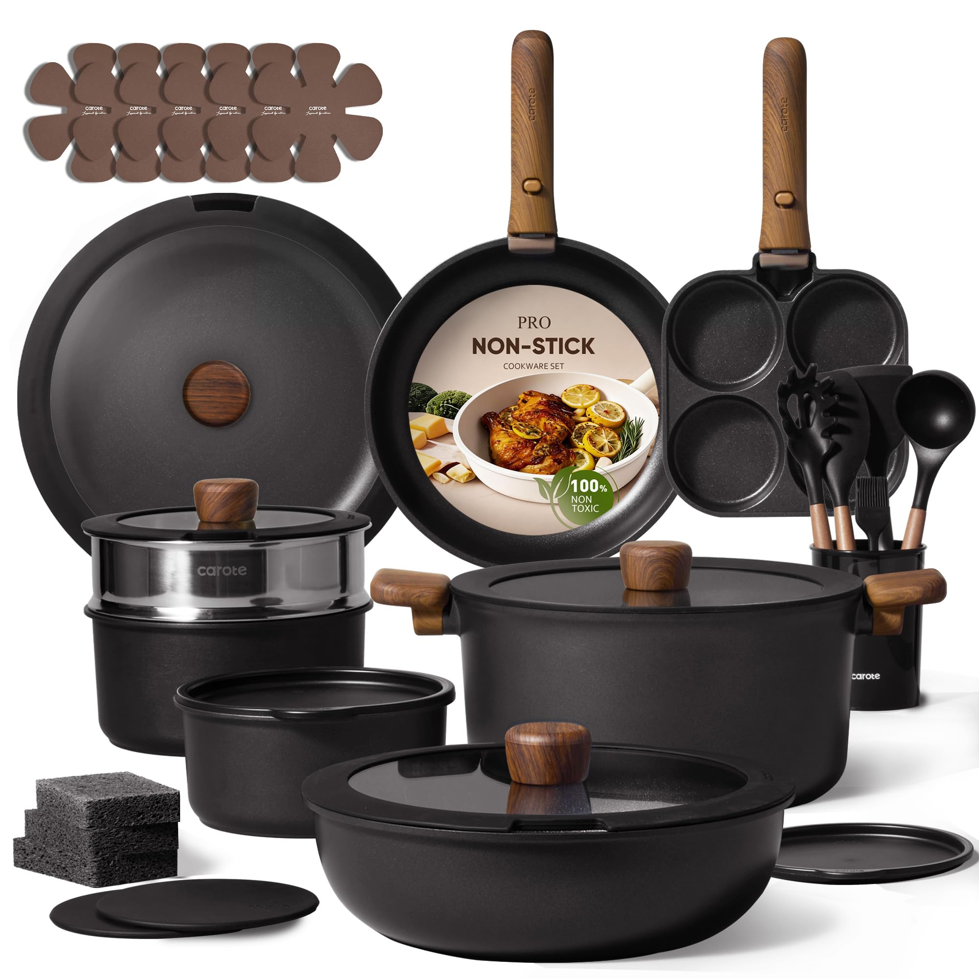 CAROTE 33pcs Pots and Pans Non Stick, Cookware Sets Detachable Handle, Induction Kitchen Pots and Pans,NonStick Cooking Set, Oven/Dishwasher/Fridge Safe, Space Saving, Mothers Day Gifts