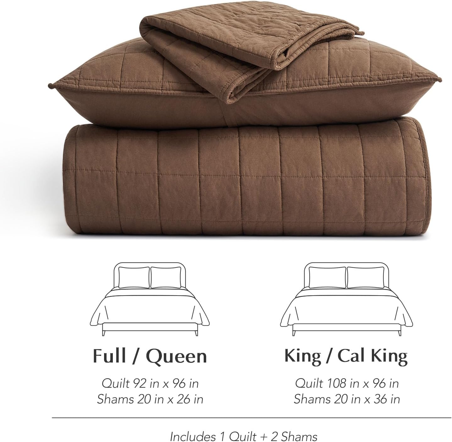 EVERGRACEHOME 100% Cotton Box Stitch Quilt Bedding Set Queen Size 3 Pieces, Garment-Washed Lightweight Soft Cozy Coverlet, Quilted Bedspread Sets with 2 Shams for All Season, Sienna Brown