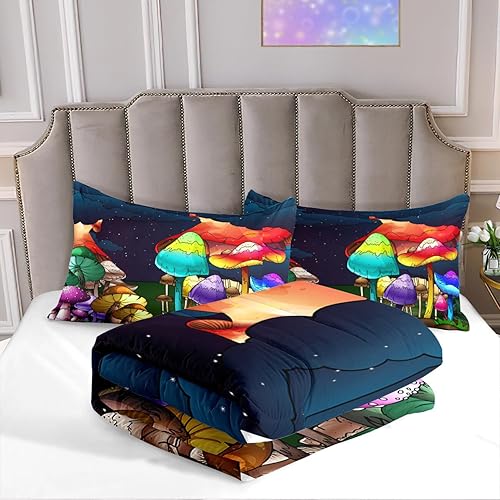 Miniatura 6 de Juego de edredón tamaño individual de hongos para niños, juego de ropa de cama de hongos coloridos de dibujos animados, cielo nocturno, juego de