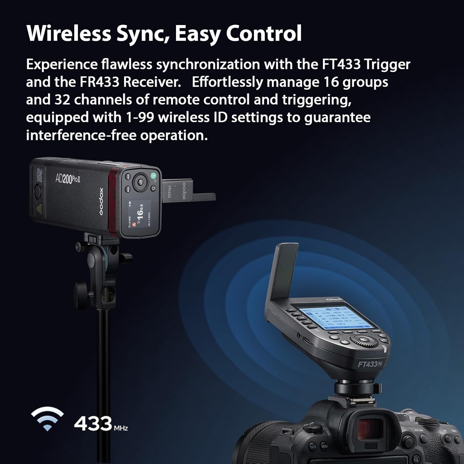 Godox FT433 N Trigger on camera wirelessly controlling a flash with FR433 Receiver