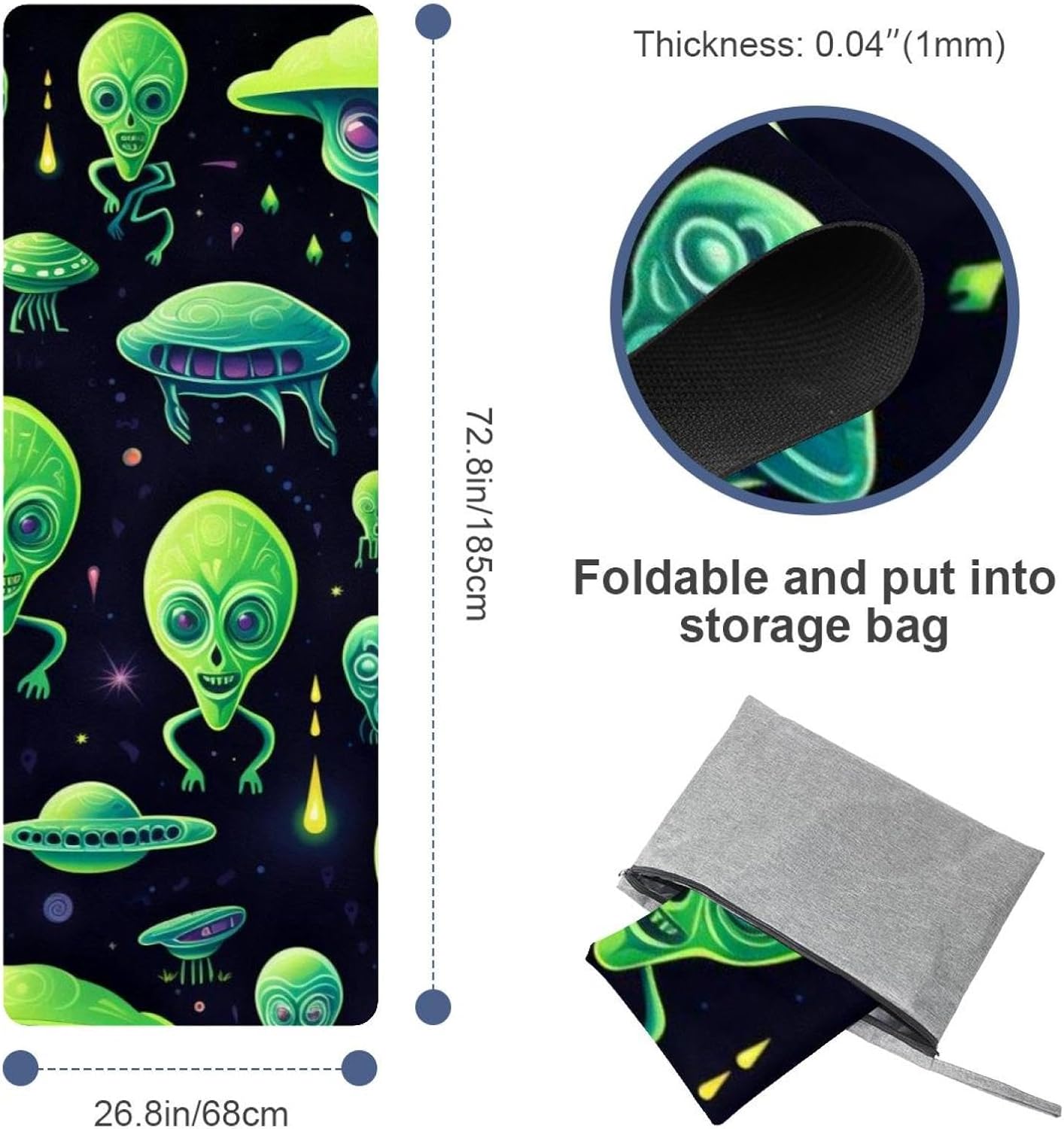 Yoga Towel, Outer Space Alien Pattern Non Slip Sweat Absorbent Hot Yoga Mat Towel for Hot Yoga, Pilates and Fitness - 72.8" x 26.8"