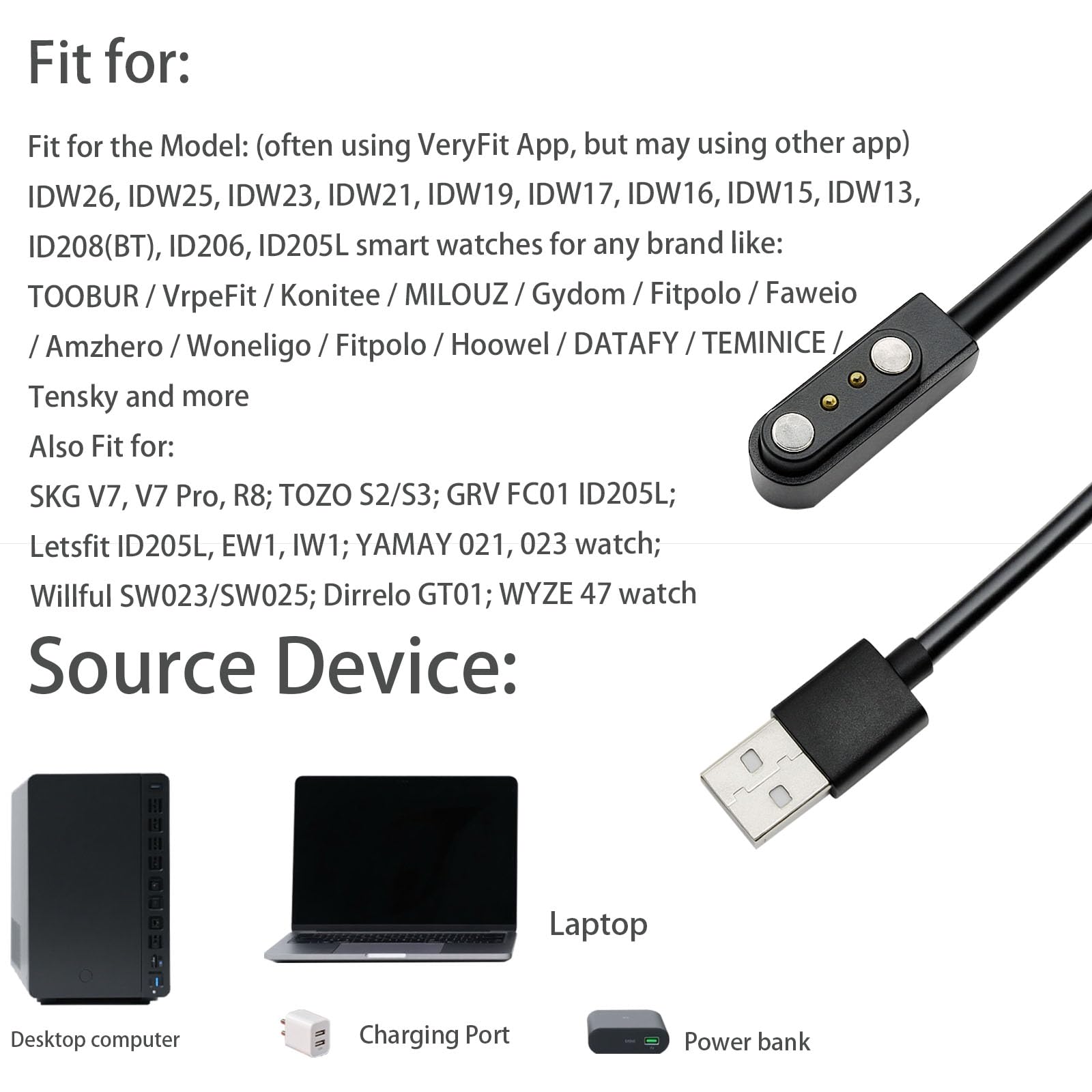 Caricabatterie compatibile con smartwatch VeryFitPro, Fitpolo, Tozo e Yamay, inclusi i modelli SW025, Letsfit ID205L, cavo USB magnetico sostituibile, cavo di ricarica rapida per smartwatch (2, nero)
