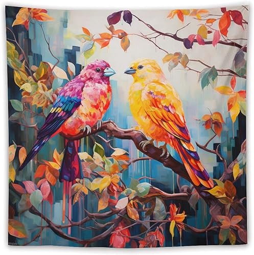 Tapiz de pájaros coloridos sentados en una rama de árbol colorido, tapiz artístico para dormitorio, estético, colorido pájaro volador, tapiz