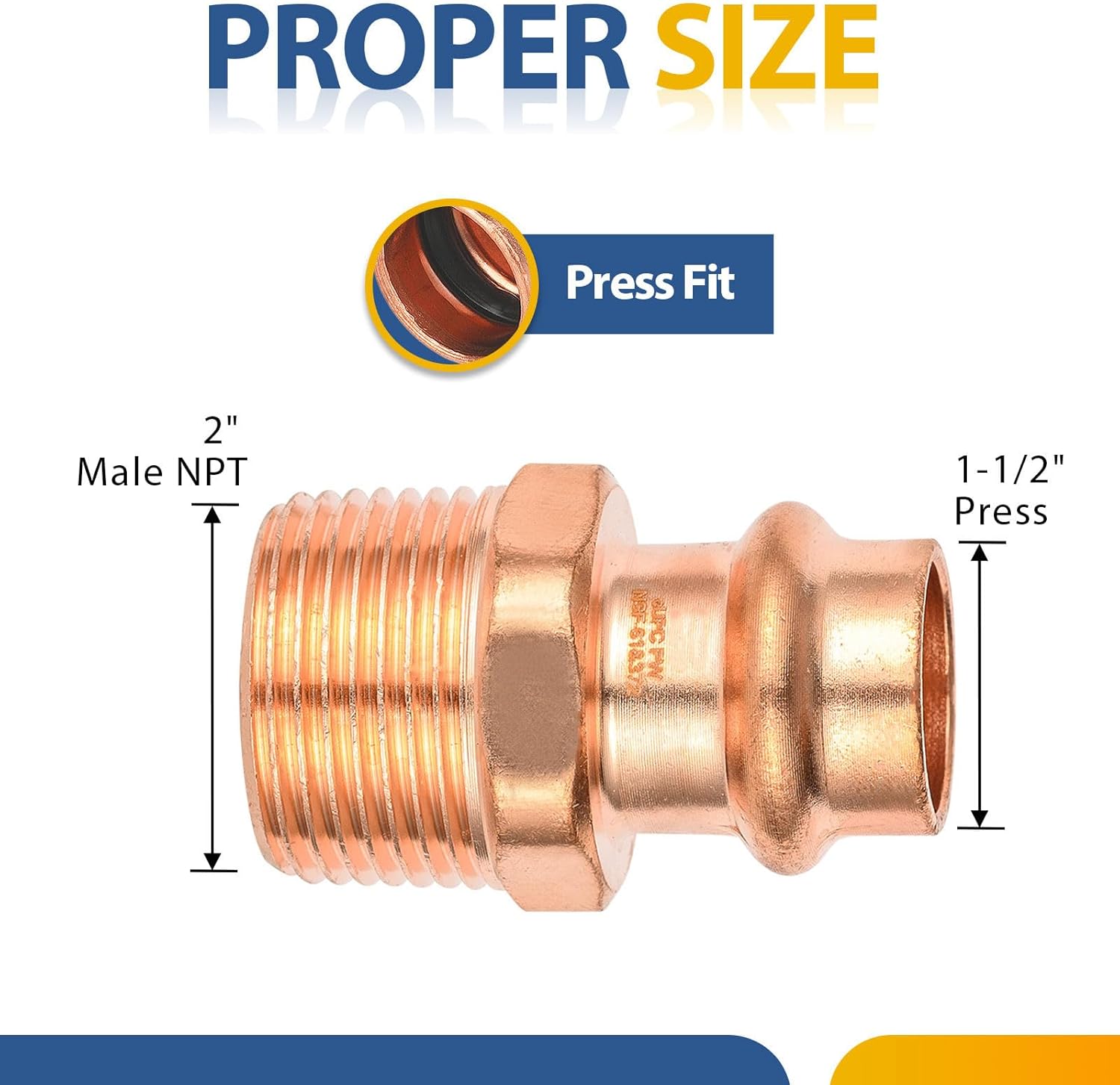 1-PACK GUOFIS Copper Press Male Adapter,1-1/2" P x 2" MPT Adapter for Plumbing, Male Pipe Thread to Press Connector