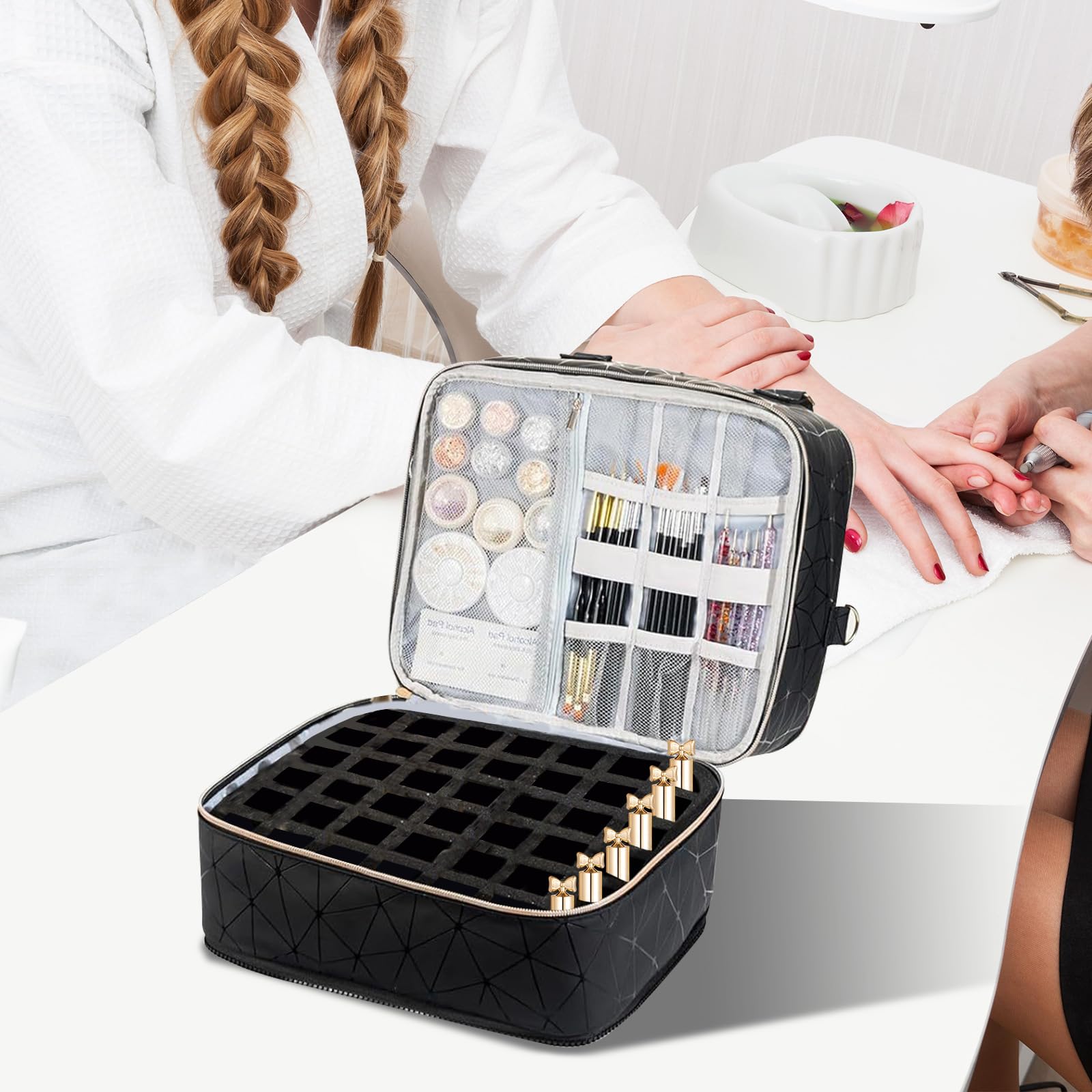 Organizer per Unghie di Grande Capacità per 84 Flaconi di Smalto e 1 Lampada a LED per unghie Borsa con Tracolla per Accessori per Nail Art, Nero