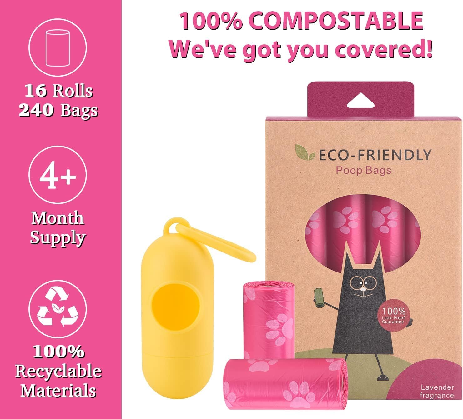 Compostable and Biodegradable Dog Poop Bags with Holder, Corn Starch Blended, Extra Thick, Leak Proof Waste Bags for Dogs, Pink, 240 count total with Holder, Lavendar Scented