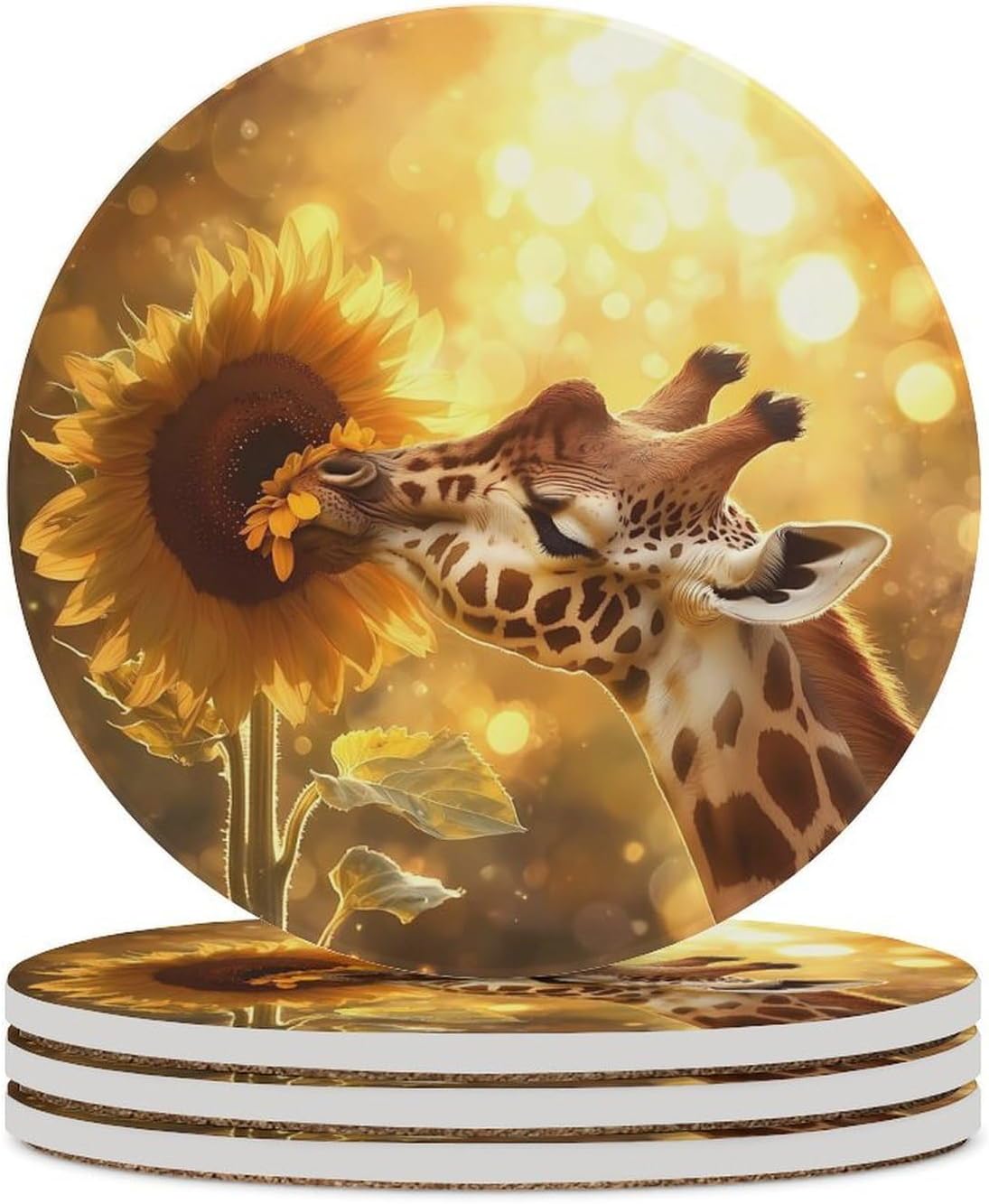 Giraffe and Flower Coasters for Drink Round Ceramic Coaster with Cork Base Home Decorative 6PCS