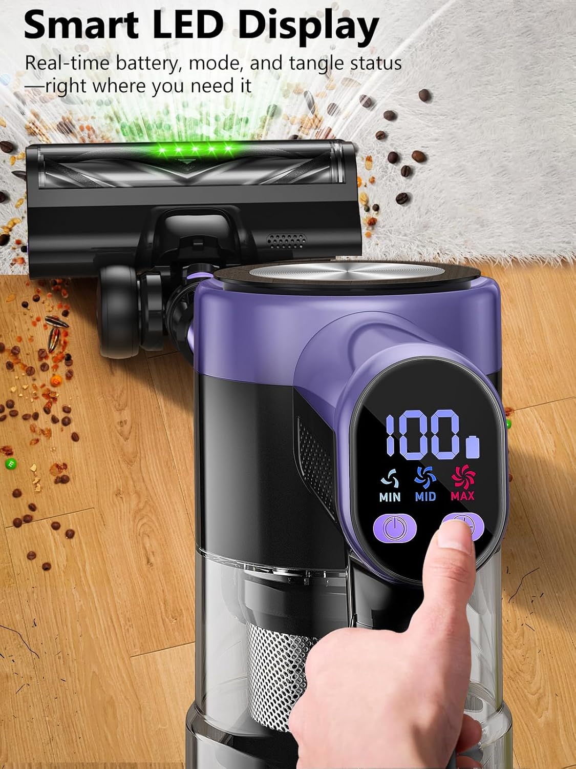 Close-up of the SUXIANGVAC H28 Smart LED Display showing battery percentage and suction modes (MIN, MID, MAX).