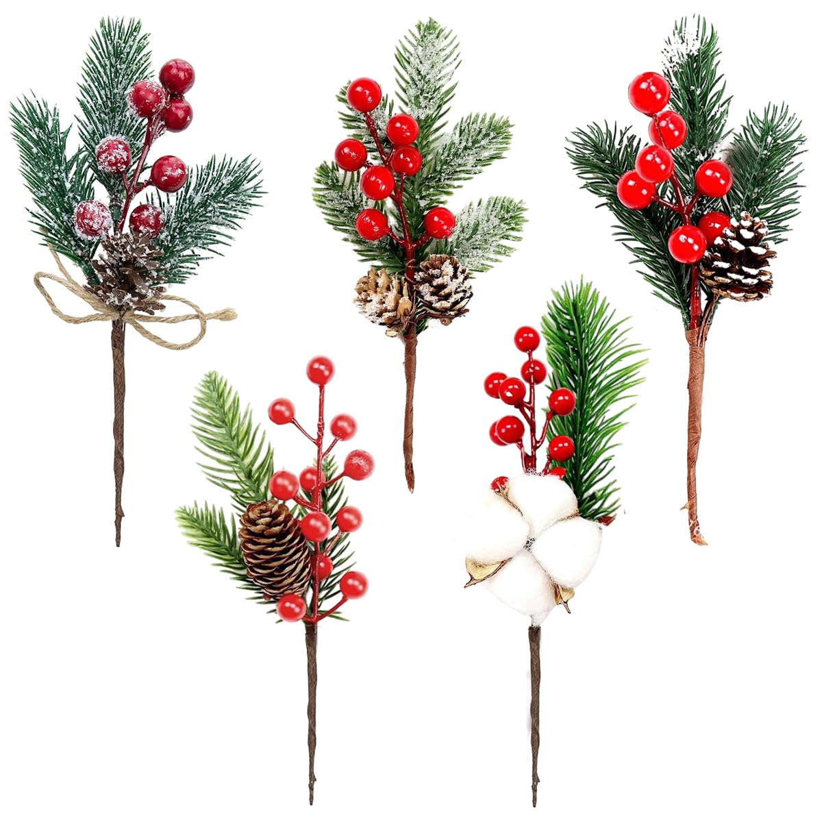 HASTHIP® 5Pcs Christmas Red Berries Branches with Pinecones for Christmas Decorations 7.87 Inches Artificial Large Red Berry Pine Branches for Xmas Tree, Christmas Garland Wreath, DIY Craft Home Decor