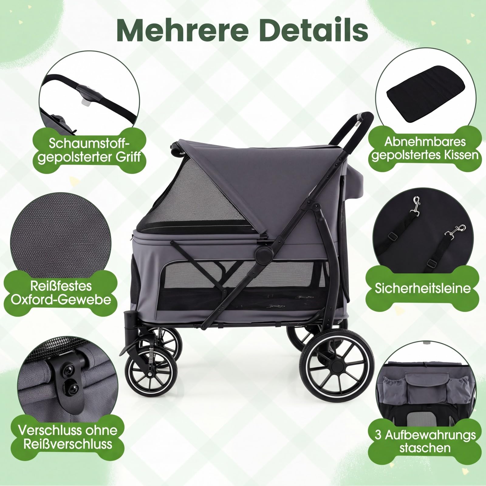 COSTWAY Hundewagen klappbar, Hundebuggy bis 40 kg, Katzenwagen mit 4 Rädern, Haustierwagen mit verstellbarem Dach, Netzfenstern & 3 Taschen, Haustierbuggy Grau, für große Katzen Hunde