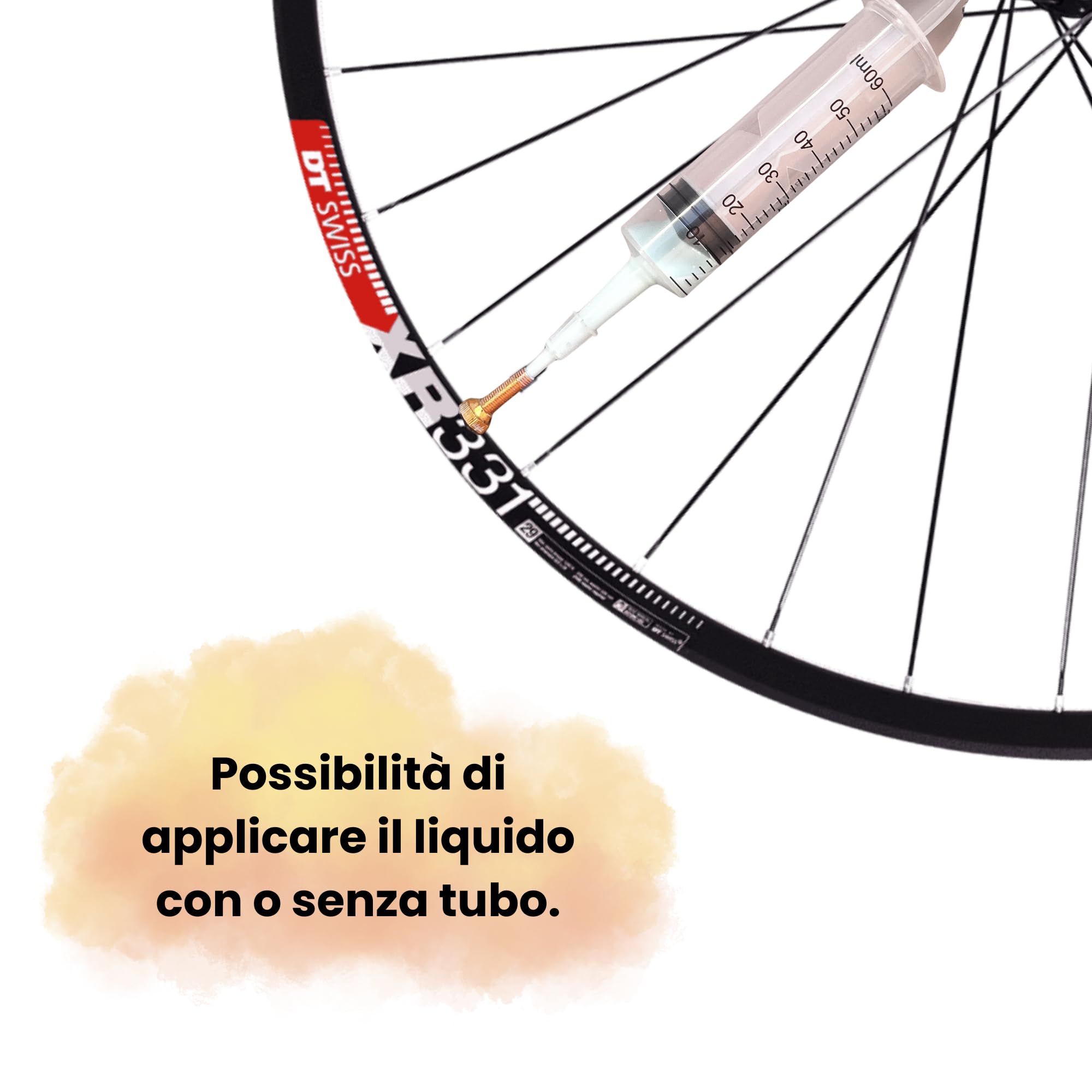 Siringa Tubeless 60 ml con tubo e adattatore | Applicatore per Liquido Antiforatura e Sigillante Tubeless MTB, E-Bike, Ghiaia e Strada | Compatibile con Valvole Presta e Schrader