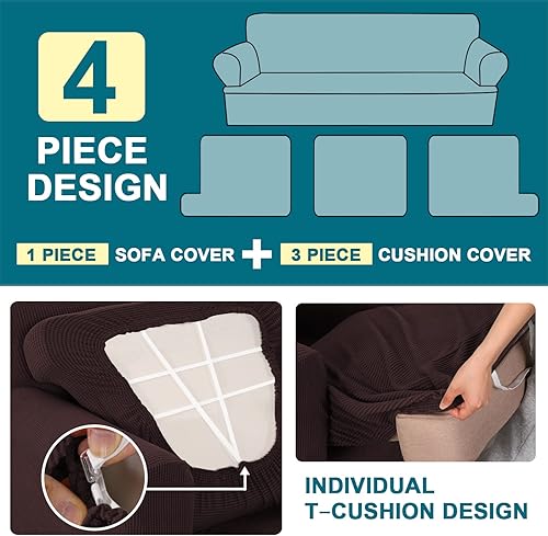 Miniatura 3 de Turquoize Fundas elásticas para sofá de 4 piezas con cojines en forma de T, fundas para muebles con 3 fundas individuales de cojín en forma de T,