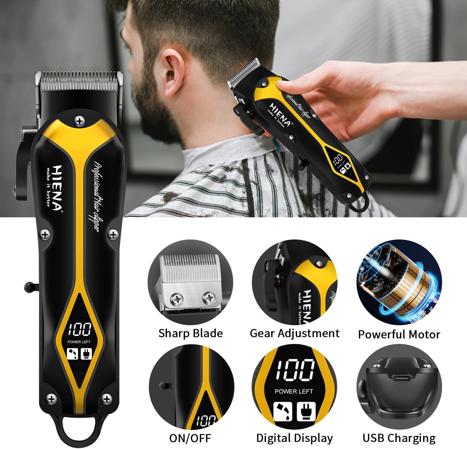 Person using the hair clipper to cut hair, with detailed views of clipper features