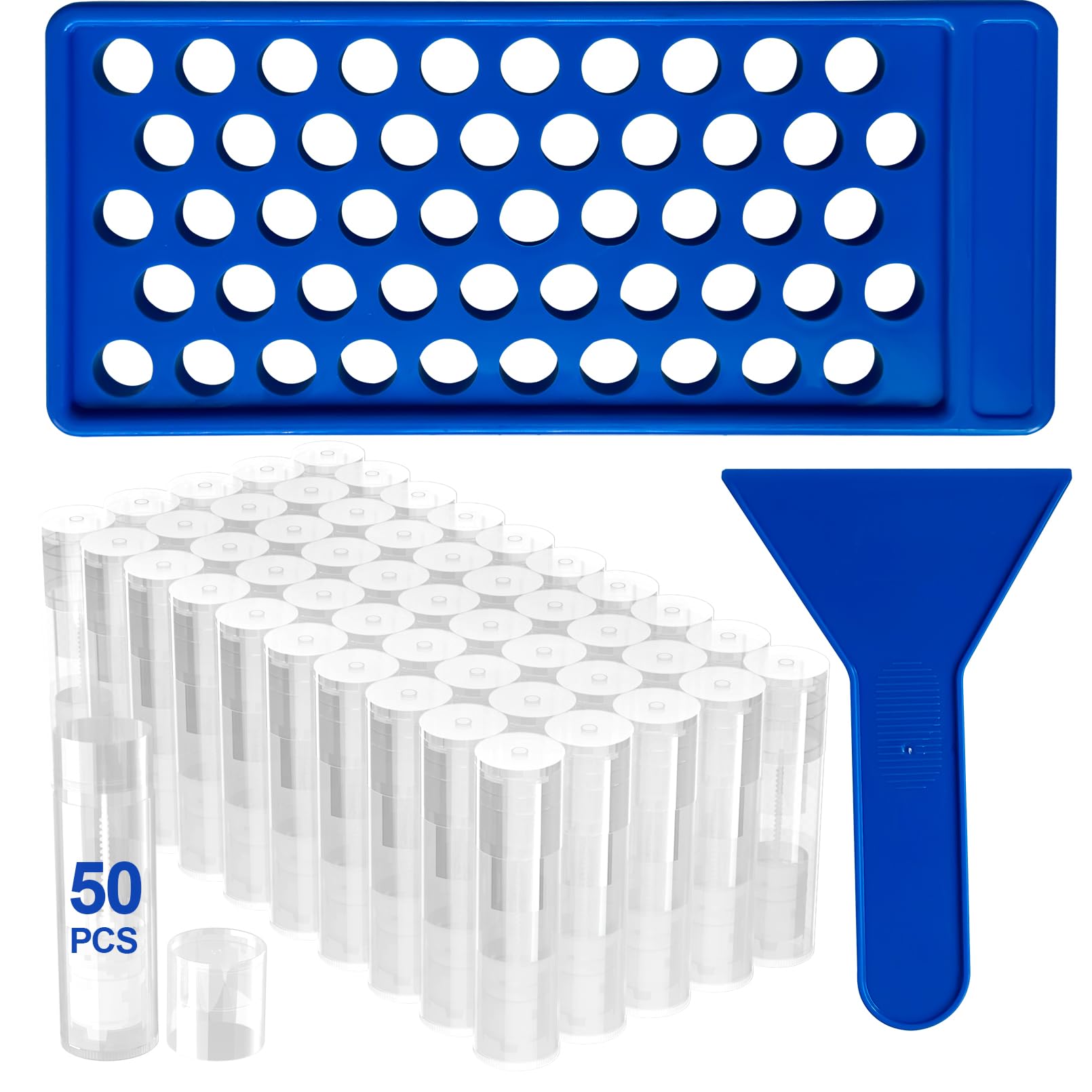 Tubos de bálsamo labial vacíos, paquete de 50 recipientes blancos con bandeja de llenado azul y embudo (blanco)