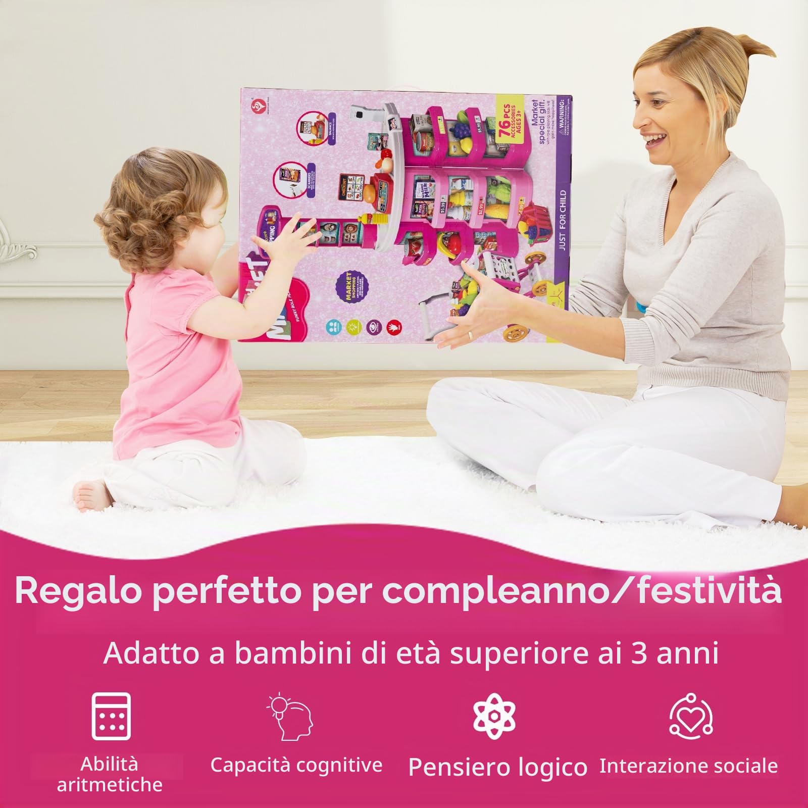 HOMASIS Supermercato Giocattolo per Bambini con Carrello della Spesa e 29 Accessori, Negozio di Alimentari con Luci e Suoni, Cassa, Bilancia e Scanner, Banco per Bambini dai 3+ Anni (Rosa)
