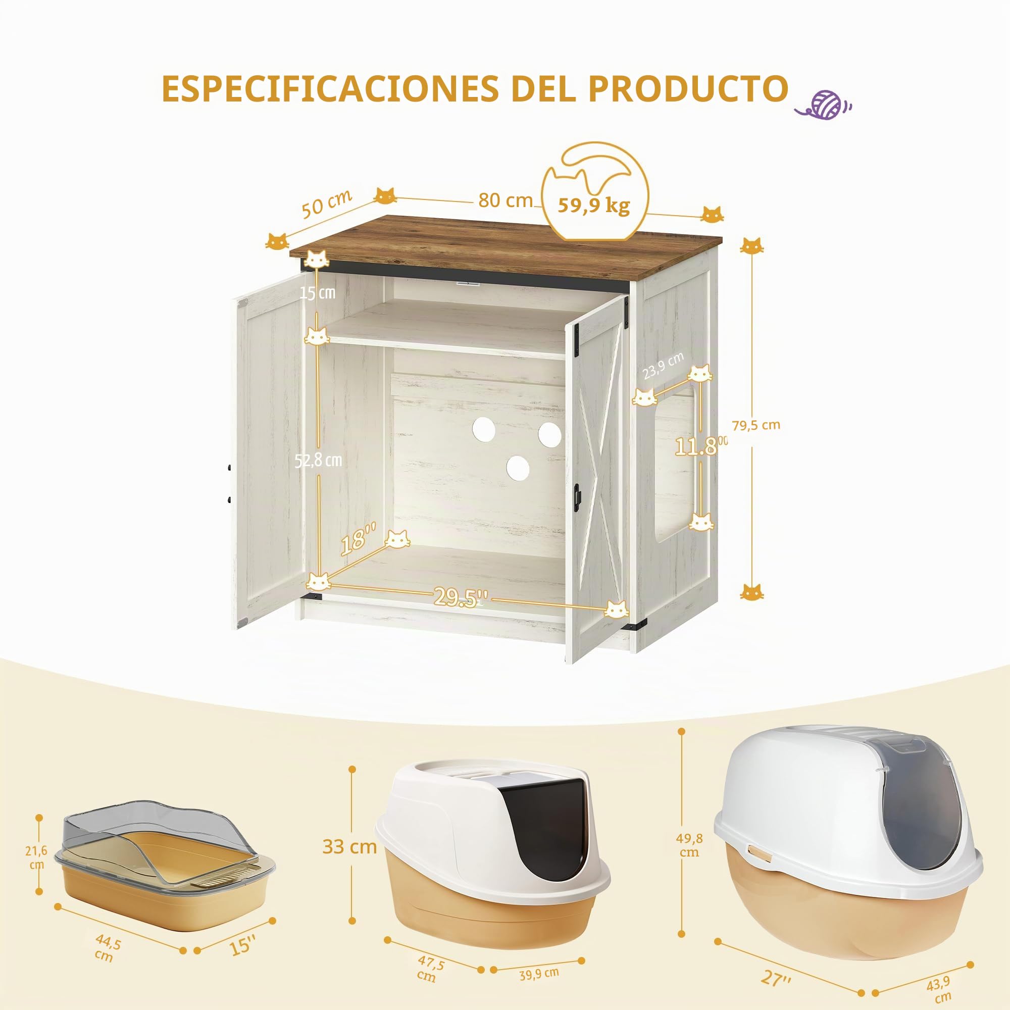 Hzuaneri Arenero para Gatos, Armario Oculto con Espacio de Almacenamiento, Caseta con Imanes, Estilo Rústico, 80 x 50 x 79,5 cm, Apto para Pasillo y Dormitorio, Blanco Marrón CB85414X