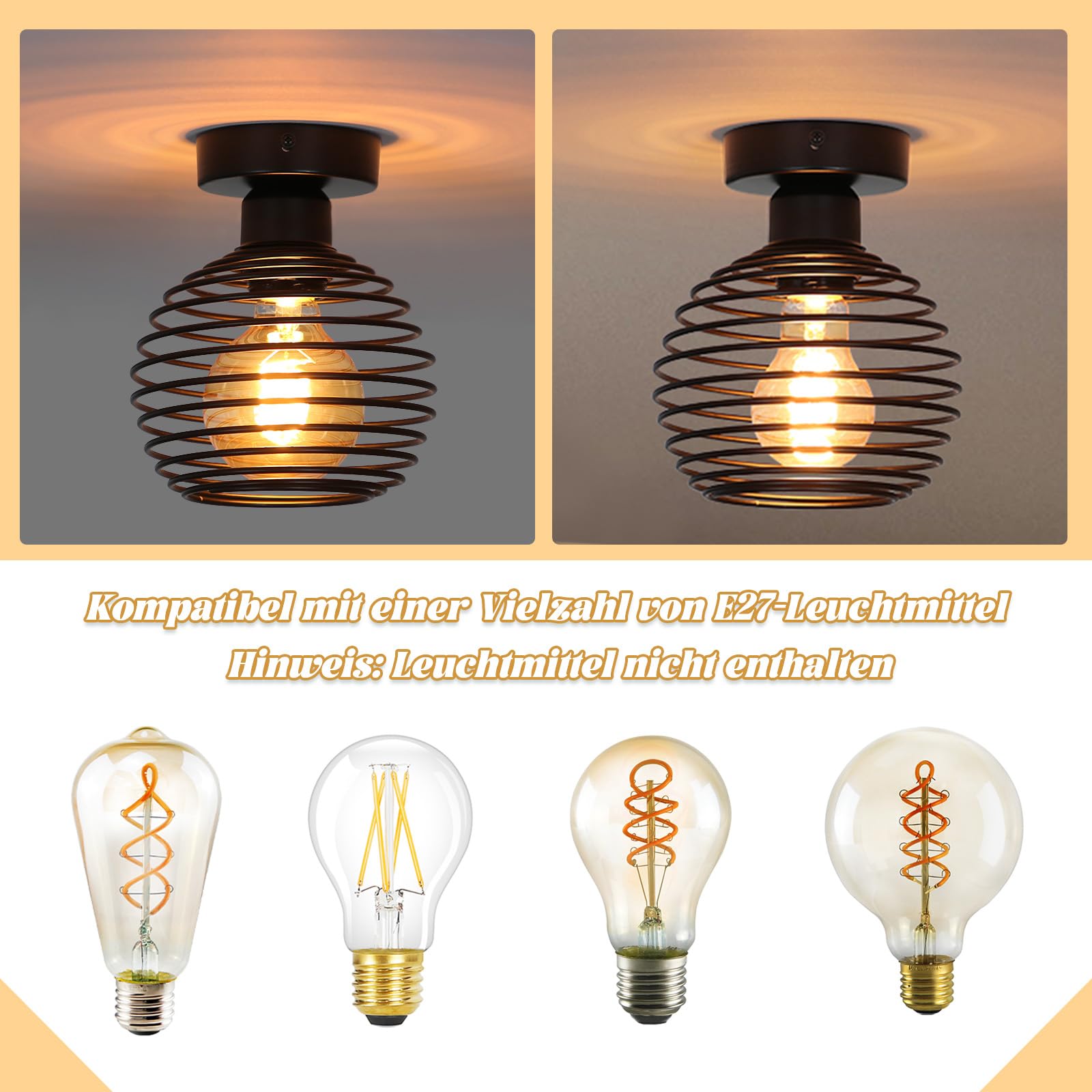 ZMH plafondlamp vintage zwart: retro kroonluchter metaal hallamp kooi E27 woonkamerlamp 27CM industriële plafondverlichting voor hal keuken slaapkamer balkon entree