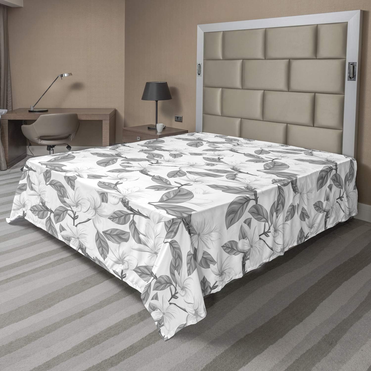 Ambesonne Floral Flat Sheet, Garden Plant Related Hand Drawn Printing of Plumeria Flowers and Leaves Motifs, Soft Comfortable Top Sheet Decorative Bedding 1 Piece, California King, Grey White