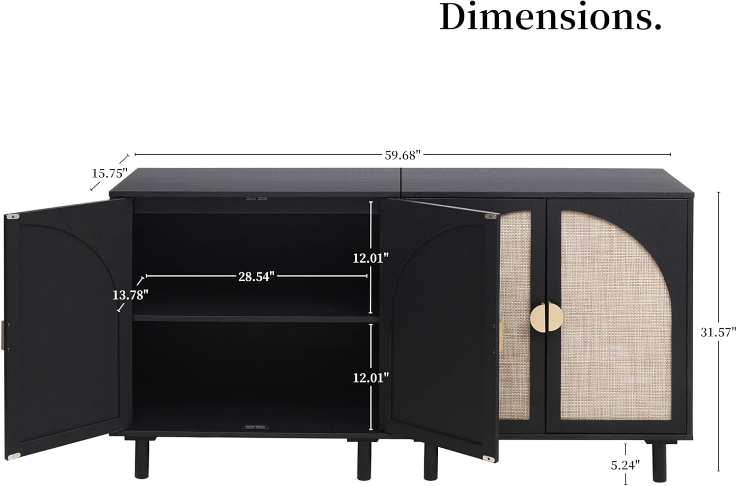 Modern Rattan Storage Sideboard Cabinet, Black Wood Buffet with Magnetic Latch, Adjustable Shelf. [2Pcs, Black]