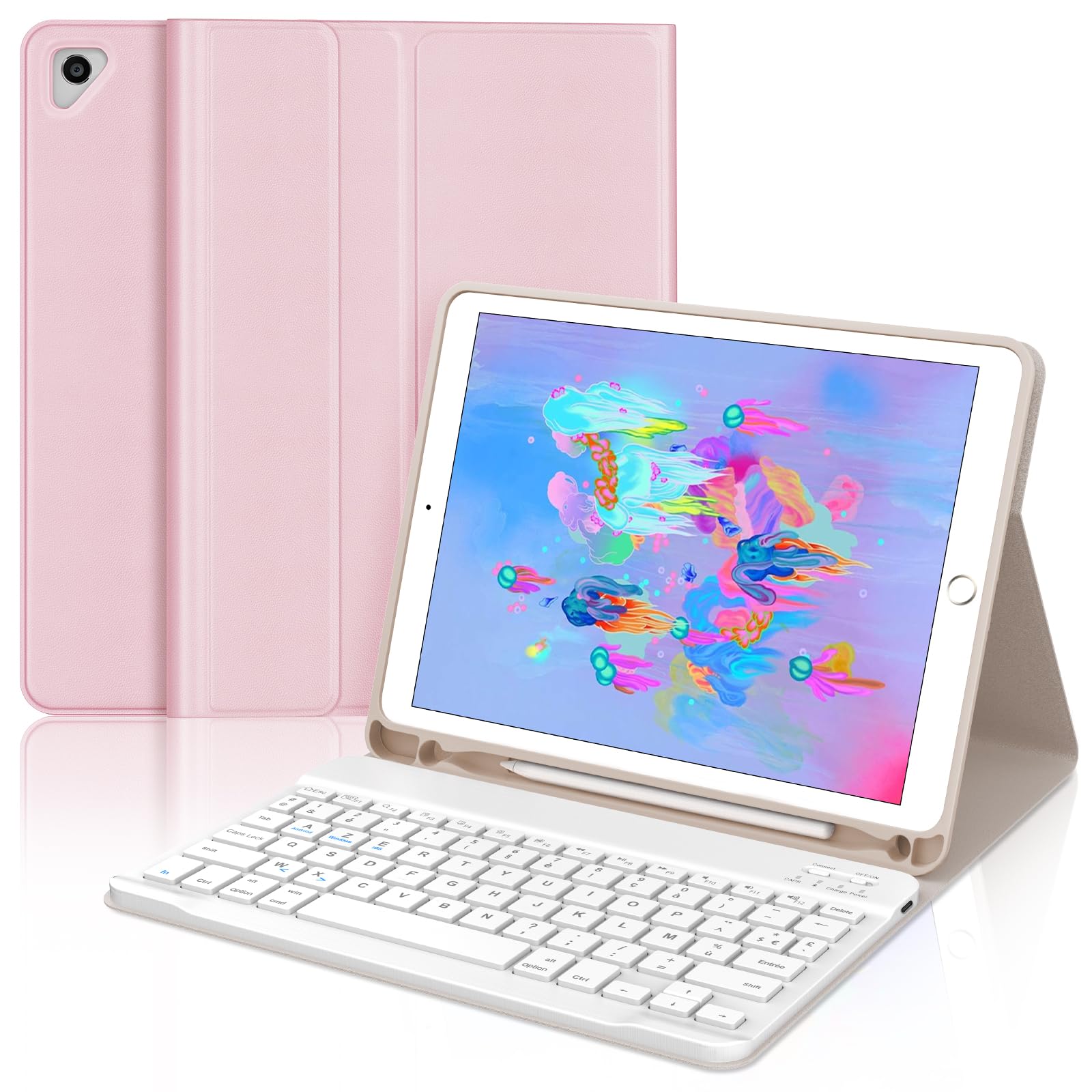 Custodia Con Tastiera Bluetooth AZERTY Per IPad 9.7” – Compatibile Con IPad 6/5 Gen, Air 2/1, Pro 9.7, Magnetica E Staccabile, Con Porta Matita, Colore Nero